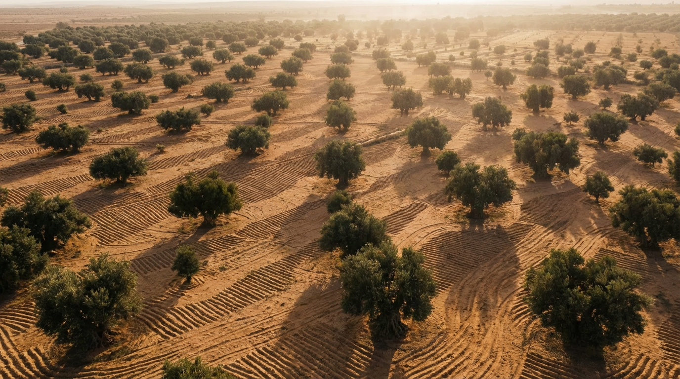 Aerial view of traditional Mediterranean olive grove in Tunisia at sunrise, showing BYZANTA olive trees growing in dry mineral-rich soil, origin of premium extra virgin olive oil.